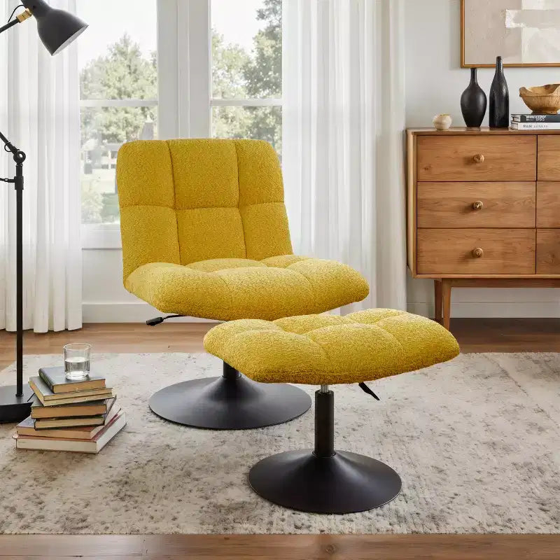 Fauteuil d'appoint pivotant Art Leon en tissu de lin avec ottoman, cadre en bois et métal