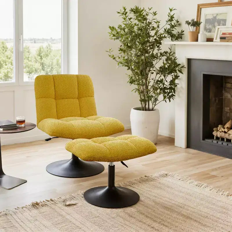 Fauteuil d'appoint pivotant Art Leon en tissu de lin avec ottoman, cadre en bois et métal