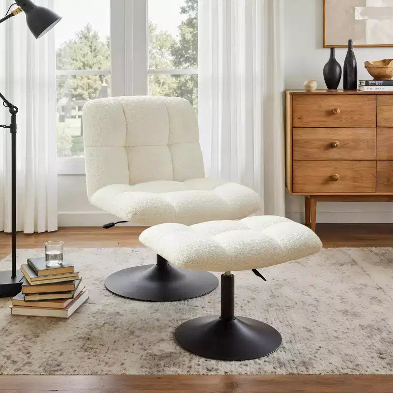 Fauteuil d'appoint pivotant Art Leon en tissu de lin avec ottoman, cadre en bois et métal