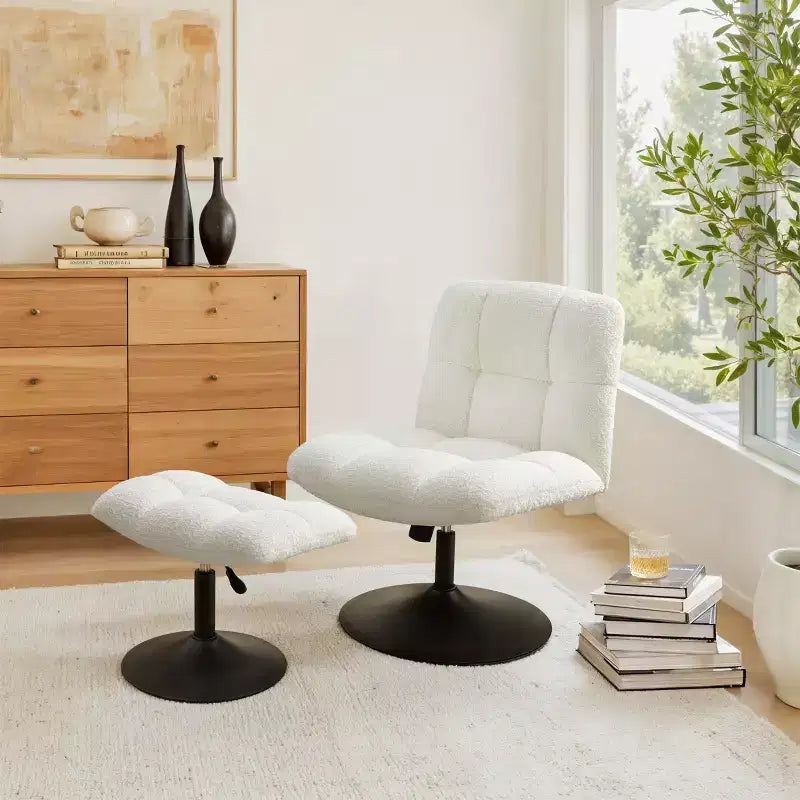 Fauteuil d'appoint pivotant Art Leon en tissu de lin avec ottoman, cadre en bois et métal