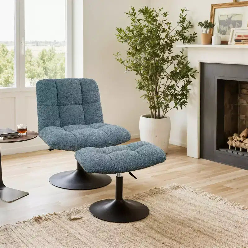 Fauteuil d'appoint pivotant Art Leon en tissu de lin avec ottoman, cadre en bois et métal