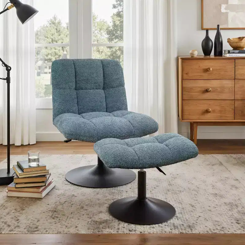 Fauteuil d'appoint pivotant Art Leon en tissu de lin avec ottoman, cadre en bois et métal