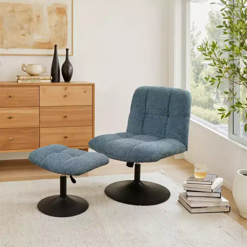 Fauteuil d'appoint pivotant Art Leon en tissu de lin avec ottoman, cadre en bois et métal
