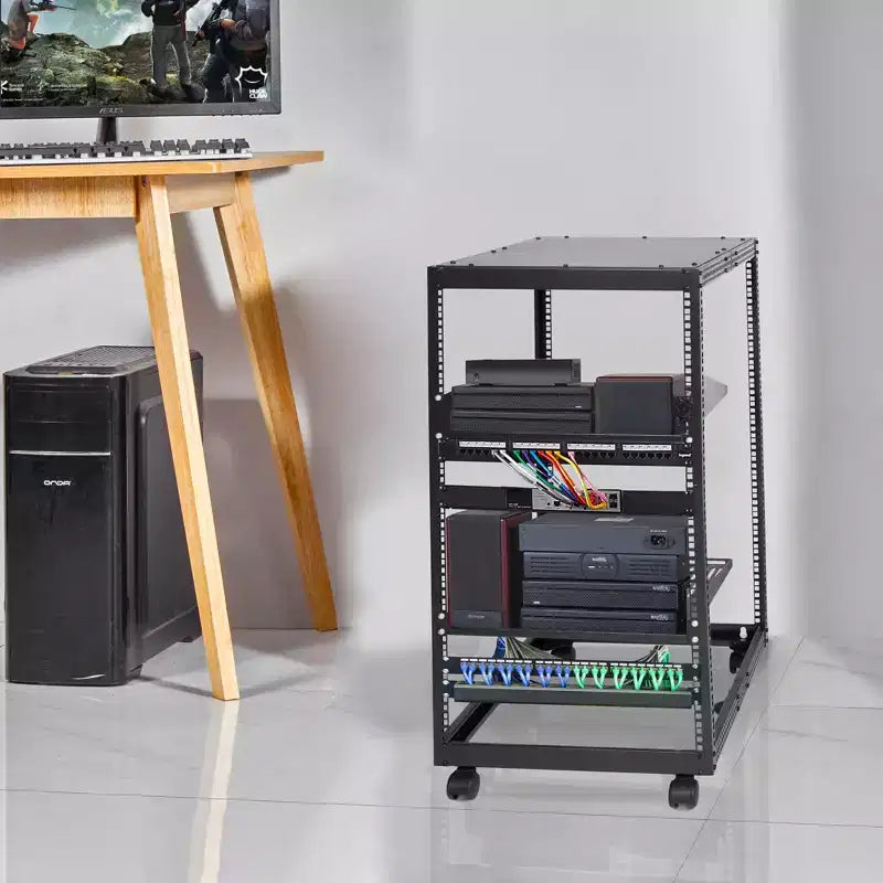 Armoire de serveur VEVOR 20U, boîtier réseau à structure ouverte, montable au mur avec 2 étagères perforées et 4 roulettes, profondeur réglable de 23 à 40 pouces