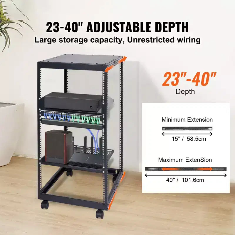 Armoire de serveur VEVOR 20U, boîtier réseau à structure ouverte, montable au mur avec 2 étagères perforées et 4 roulettes, profondeur réglable de 23 à 40 pouces