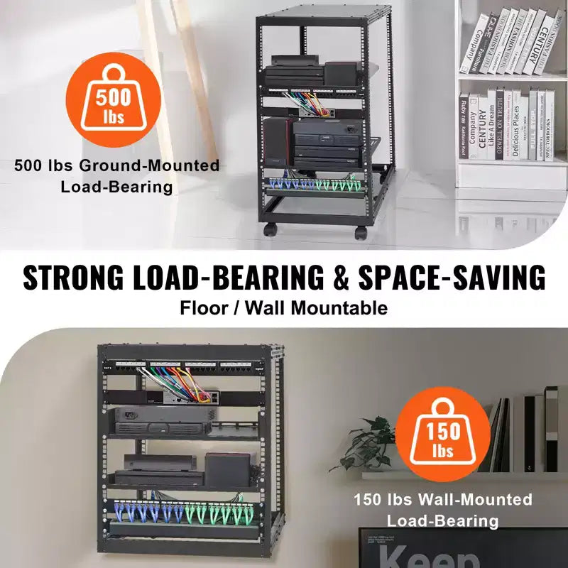 Armoire de serveur VEVOR 20U, boîtier réseau à structure ouverte, montable au mur avec 2 étagères perforées et 4 roulettes, profondeur réglable de 23 à 40 pouces