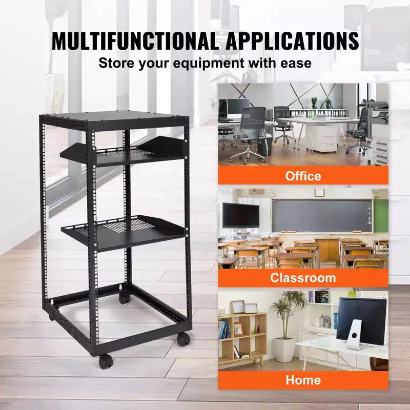 Armoire de serveur VEVOR 20U, boîtier réseau à structure ouverte, montable au mur avec 2 étagères perforées et 4 roulettes, profondeur réglable de 23 à 40 pouces