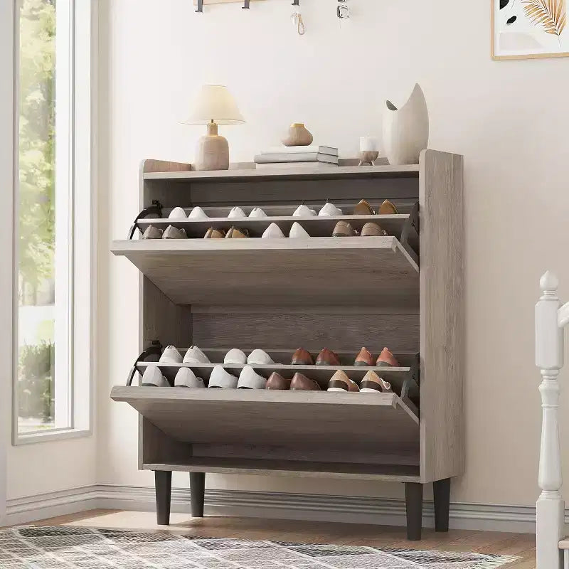 Meuble à chaussures avec tiroirs basculants, Organiseur de chaussures en bois avec étagère réglable pour entrée