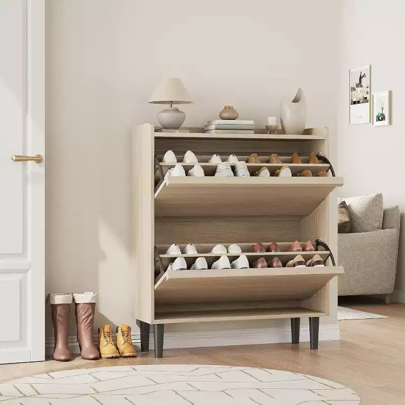 Meuble à chaussures avec tiroirs basculants, Organiseur de chaussures en bois avec étagère réglable pour entrée