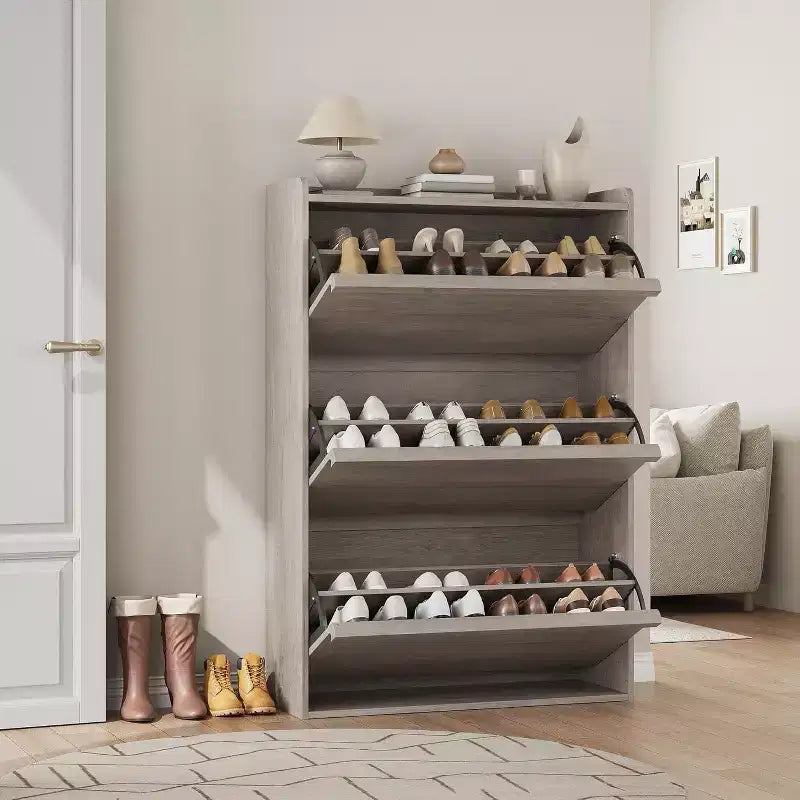 Meuble à chaussures avec tiroirs basculants, Organiseur de chaussures en bois avec étagère réglable pour entrée