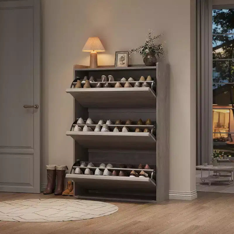 Meuble à chaussures avec tiroirs basculants, Organiseur de chaussures en bois avec étagère réglable pour entrée