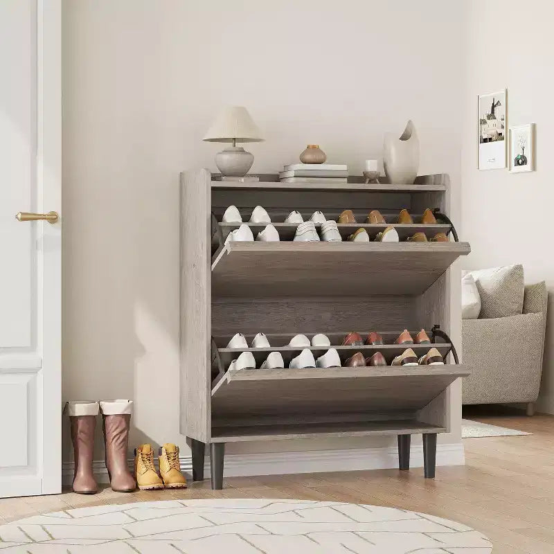 Meuble à chaussures avec tiroirs basculants, Organiseur de chaussures en bois avec étagère réglable pour entrée