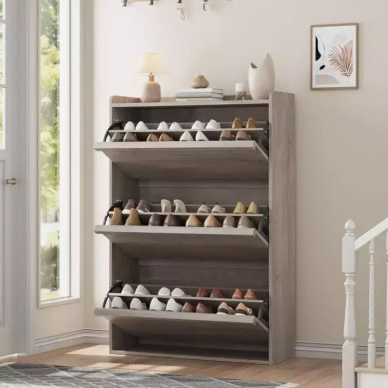 Meuble à chaussures avec tiroirs basculants, Organiseur de chaussures en bois avec étagère réglable pour entrée
