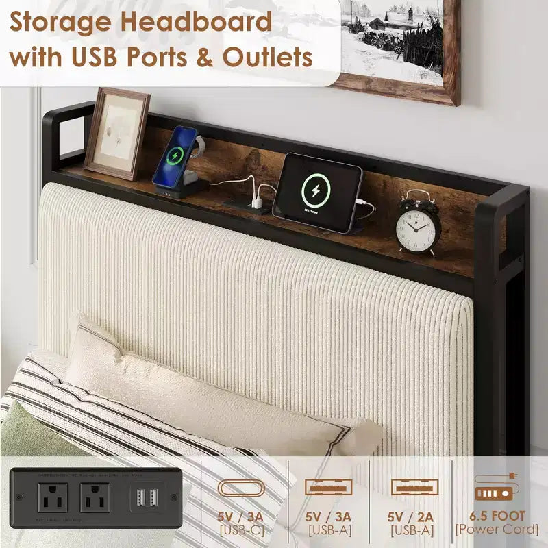 Cadre de lit double avec 2 tiroirs de rangement et station de recharge, lit plateforme rembourré en velours rustique avec tête de lit de rangement