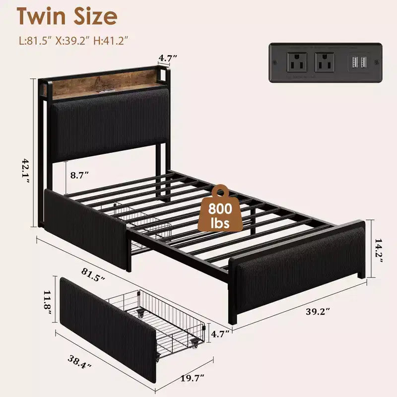 Cadre de lit double avec 2 tiroirs de rangement et station de recharge, lit plateforme rembourré en velours rustique avec tête de lit de rangement