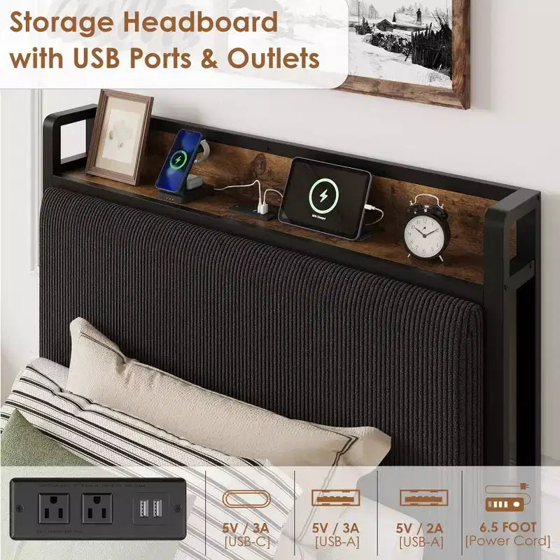 Cadre de lit double avec 2 tiroirs de rangement et station de recharge, lit plateforme rembourré en velours rustique avec tête de lit de rangement