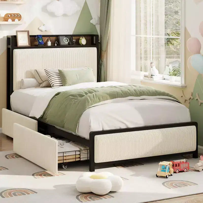 Twin Size Bed Frame with 2 Storage Drawers and Charging Station, Rustic Velvet Upholstered Platform Bedframe with Storage Headboard