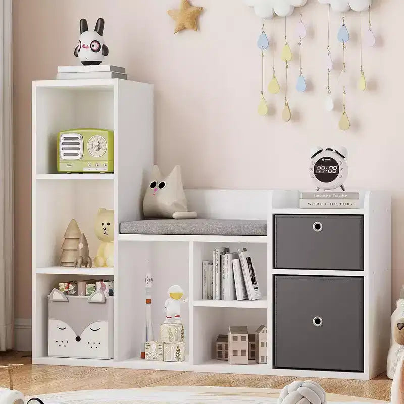 44.1 Kids Bookshelf with Reading Nook - 6-Cubby Toy Organizer & 2-Drawer Bench for Playroom & Nursery - White