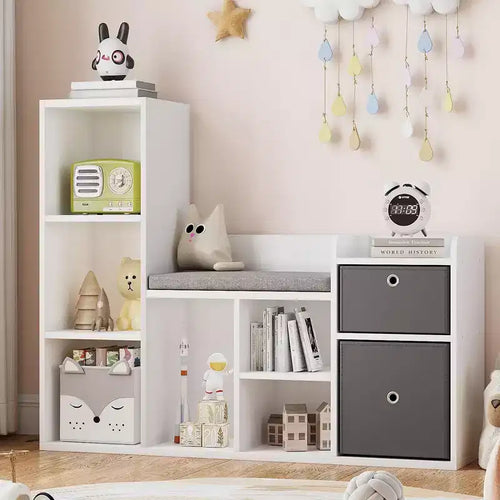 44.1 Kids Bookshelf with Reading Nook - 6-Cubby Toy Organizer & 2-Drawer Bench for Playroom & Nursery - White