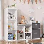 44.1 Étagère à livres pour enfants avec coin lecture - Organiseur de jouets à 6 compartiments et banc à 2 tiroirs pour salle de jeux et chambre d'enfant - Blanc
