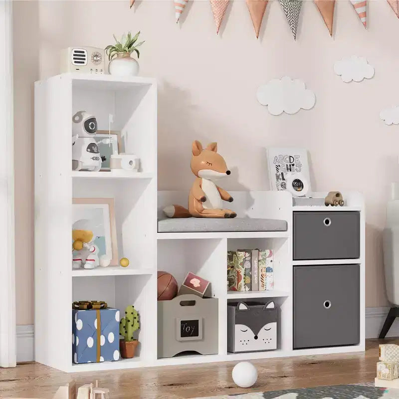 44.1 Étagère à livres pour enfants avec coin lecture - Organiseur de jouets à 6 compartiments et banc à 2 tiroirs pour salle de jeux et chambre d'enfant - Blanc