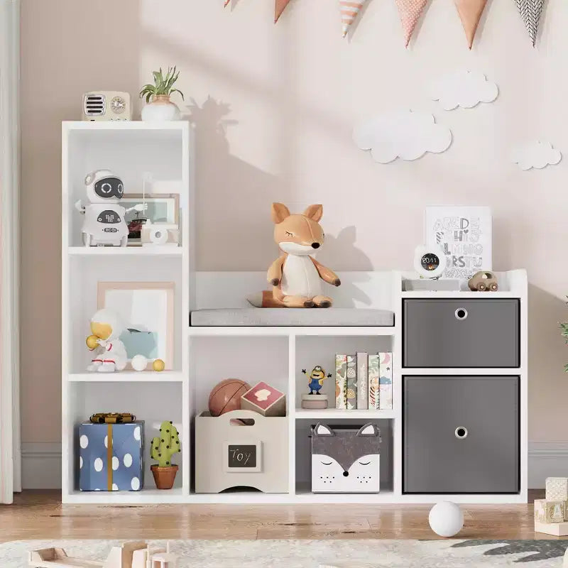 44.1 Étagère à livres pour enfants avec coin lecture - Organiseur de jouets à 6 compartiments et banc à 2 tiroirs pour salle de jeux et chambre d'enfant - Blanc