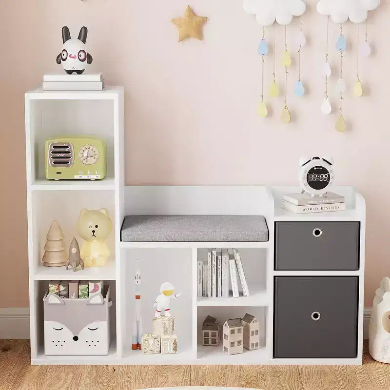 44.1 Étagère à livres pour enfants avec coin lecture - Organiseur de jouets à 6 compartiments et banc à 2 tiroirs pour salle de jeux et chambre d'enfant - Blanc