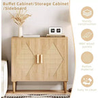 Buffet moderne avec portes en rotin tressé et étagères réglables pour entrée, salon, cuisine et couloir (pieds en bois robuste)