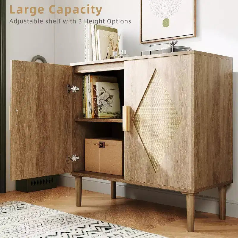 Buffet moderne avec portes en rotin tressé et étagères réglables pour entrée, salon, cuisine et couloir (pieds en bois robuste)