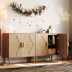 Buffet moderne avec portes en rotin tressé et étagères réglables pour entrée, salon, cuisine et couloir (pieds en bois robuste)