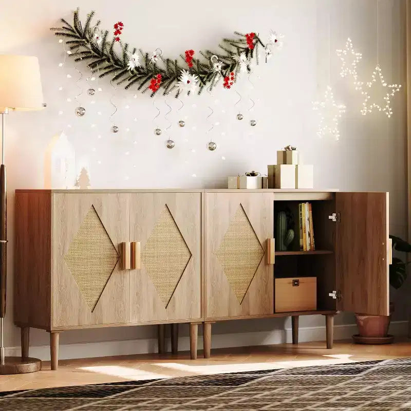 Buffet moderne avec portes en rotin tressé et étagères réglables pour entrée, salon, cuisine et couloir (pieds en bois robuste)