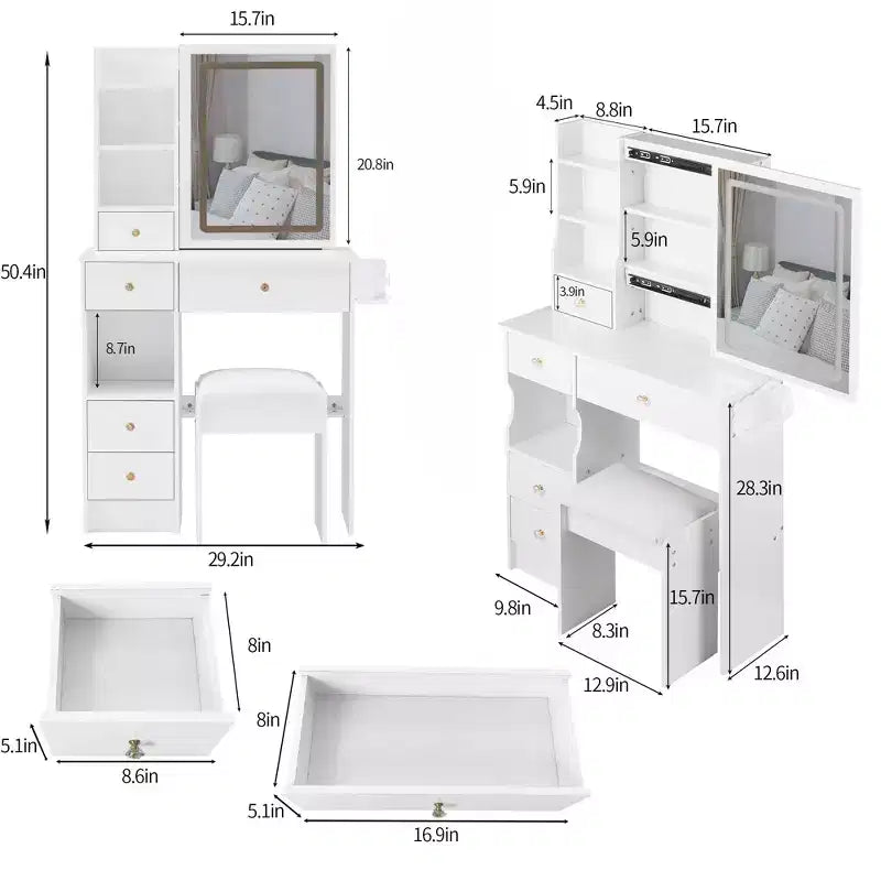 29.2 Coiffeuse avec Miroir, Petite Table de Maquillage avec Tabouret, Coiffeuse avec Support de Sèche-Cheveux et Rangement Ouvert pour Petits Espaces