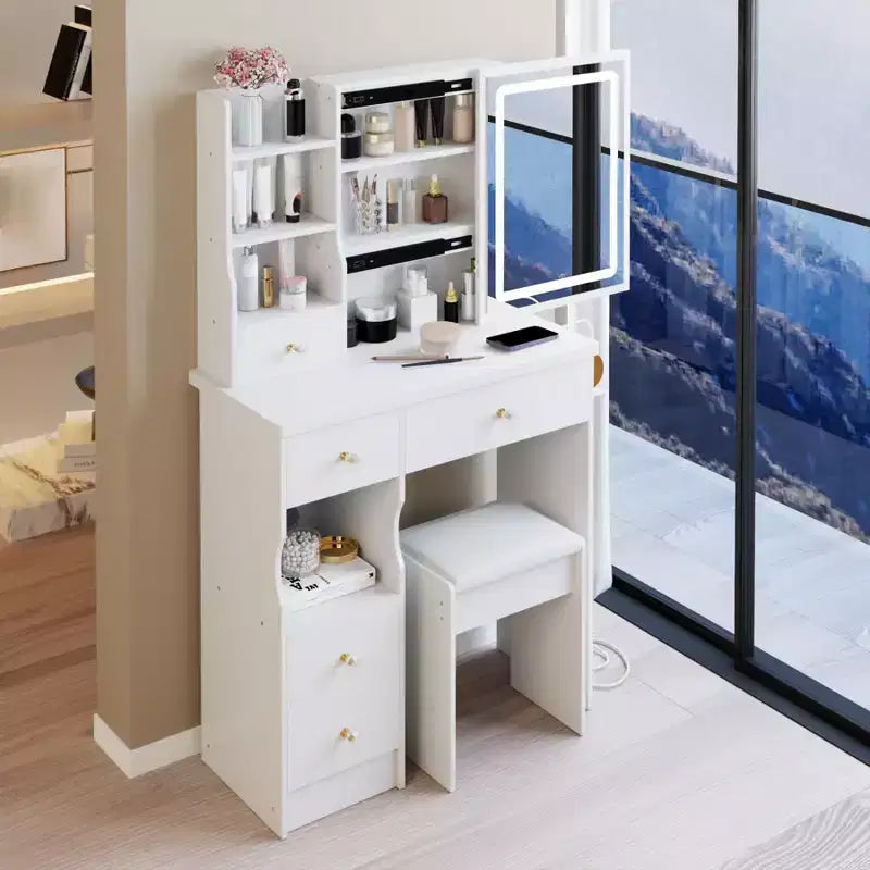 29.2 Coiffeuse avec Miroir, Petite Table de Maquillage avec Tabouret, Coiffeuse avec Support de Sèche-Cheveux et Rangement Ouvert pour Petits Espaces
