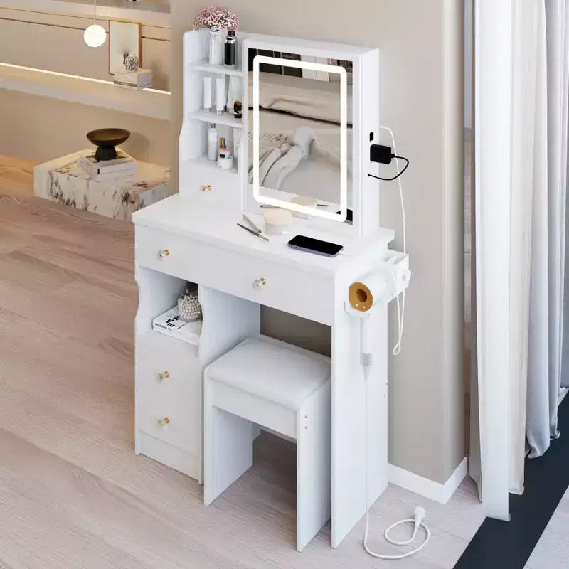 29.2 Coiffeuse avec Miroir, Petite Table de Maquillage avec Tabouret, Coiffeuse avec Support de Sèche-Cheveux et Rangement Ouvert pour Petits Espaces