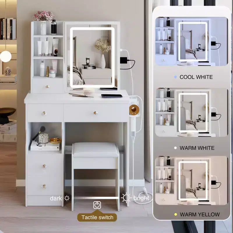 29.2 Coiffeuse avec Miroir, Petite Table de Maquillage avec Tabouret, Coiffeuse avec Support de Sèche-Cheveux et Rangement Ouvert pour Petits Espaces