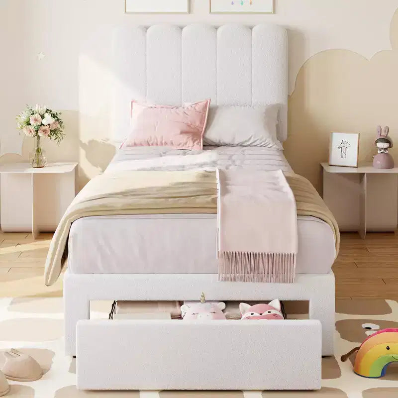 Cadre de lit simple avec tiroir de rangement et tête de lit, lit plateforme simple capitonné en velours pour filles, support robuste en lattes de bois