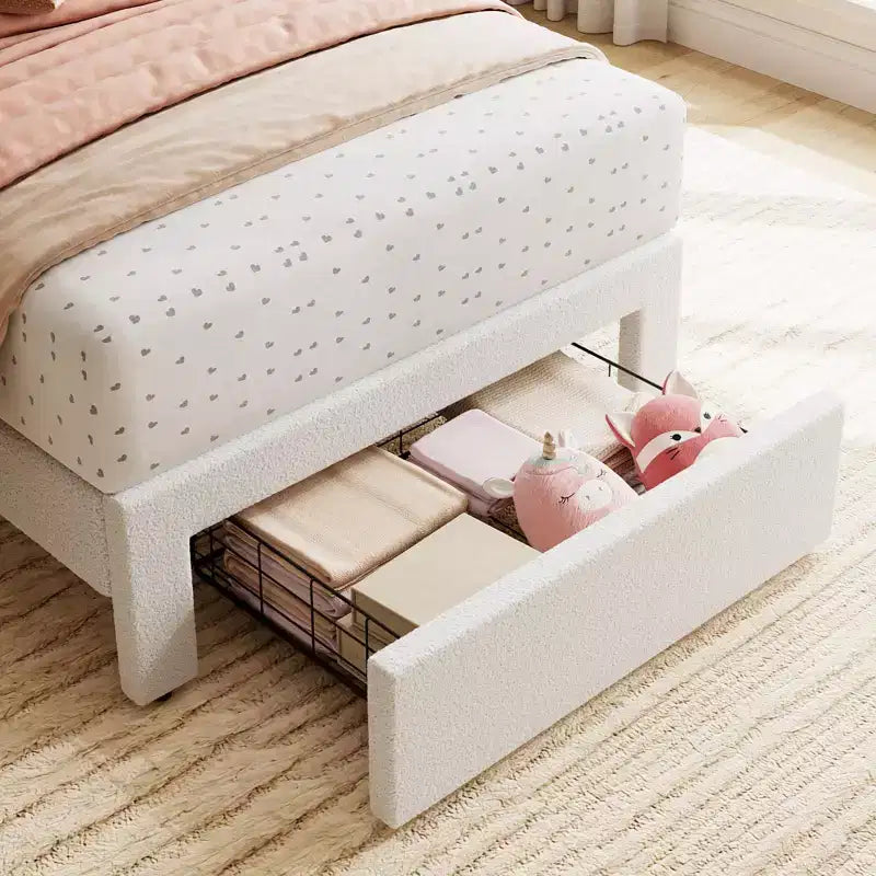 Cadre de lit simple avec tiroir de rangement et tête de lit, lit plateforme simple capitonné en velours pour filles, support robuste en lattes de bois