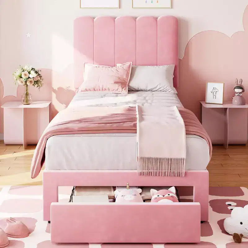 Cadre de lit simple avec tiroir de rangement et tête de lit, lit plateforme simple capitonné en velours pour filles, support robuste en lattes de bois