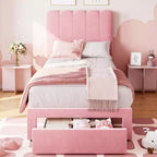 Cadre de lit simple avec tiroir de rangement et tête de lit, lit plateforme simple capitonné en velours pour filles, support robuste en lattes de bois