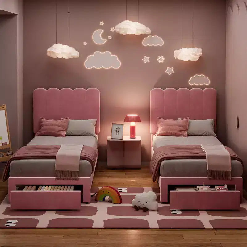 Cadre de lit simple avec tiroir de rangement et tête de lit, lit plateforme simple capitonné en velours pour filles, support robuste en lattes de bois