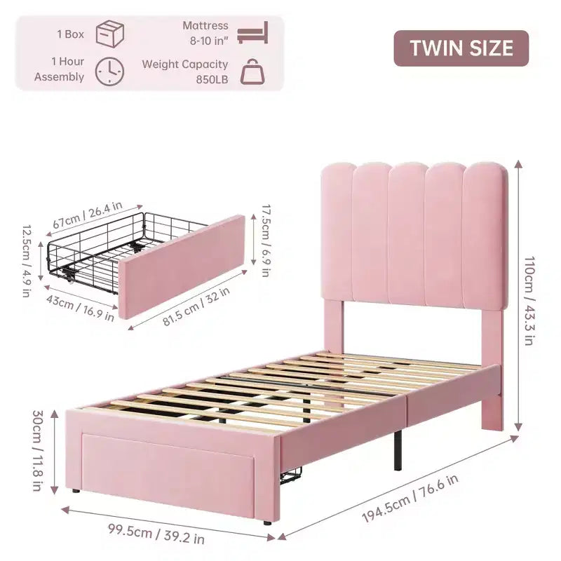 Cadre de lit simple avec tiroir de rangement et tête de lit, lit plateforme simple capitonné en velours pour filles, support robuste en lattes de bois