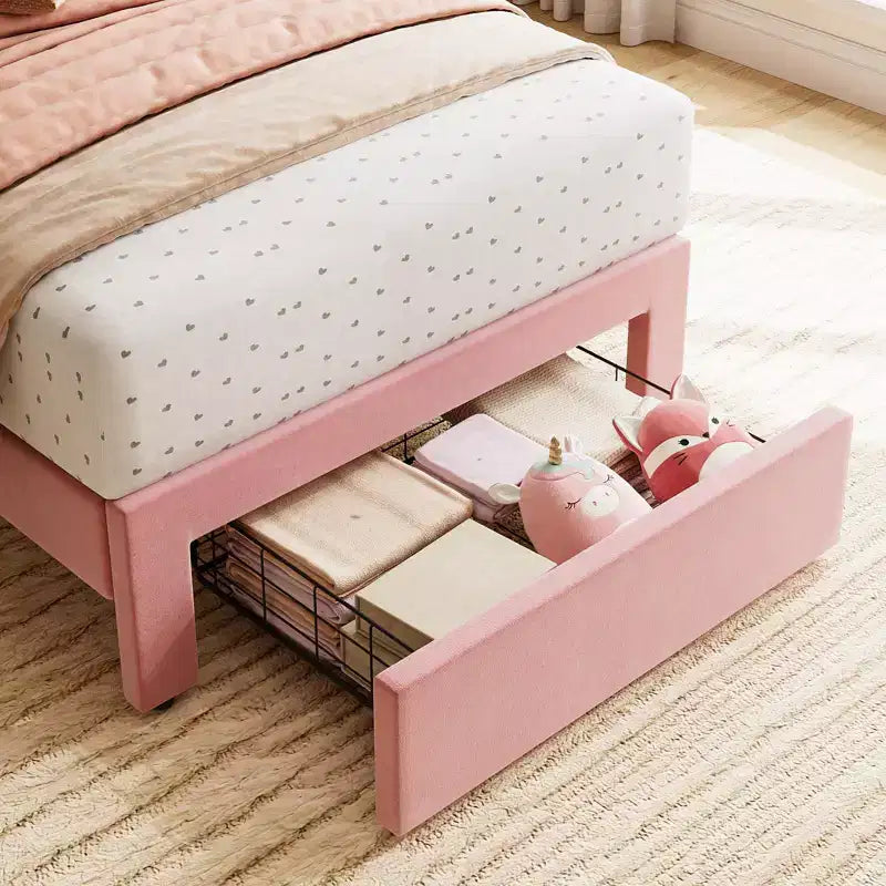 Cadre de lit simple avec tiroir de rangement et tête de lit, lit plateforme simple capitonné en velours pour filles, support robuste en lattes de bois