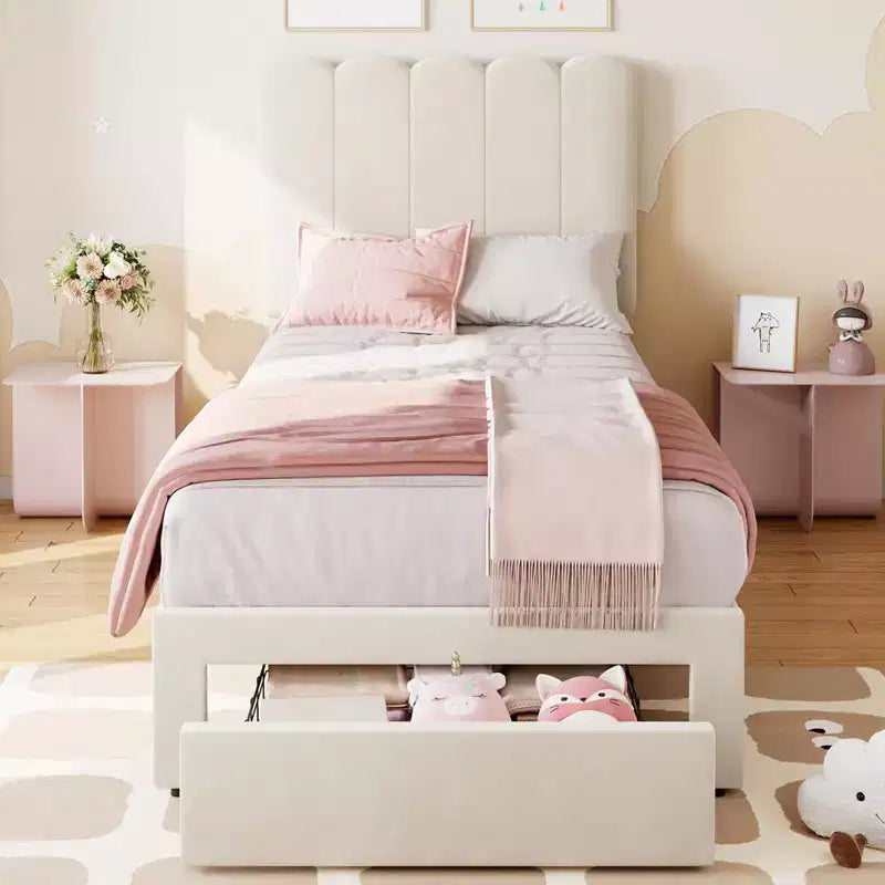 Cadre de lit simple avec tiroir de rangement et tête de lit, lit plateforme simple capitonné en velours pour filles, support robuste en lattes de bois