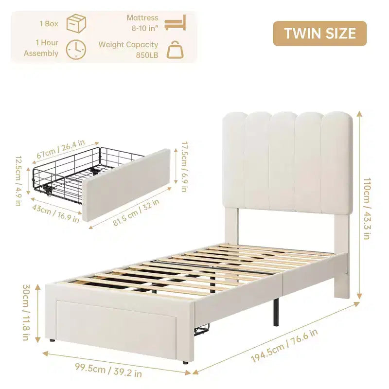Cadre de lit simple avec tiroir de rangement et tête de lit, lit plateforme simple capitonné en velours pour filles, support robuste en lattes de bois