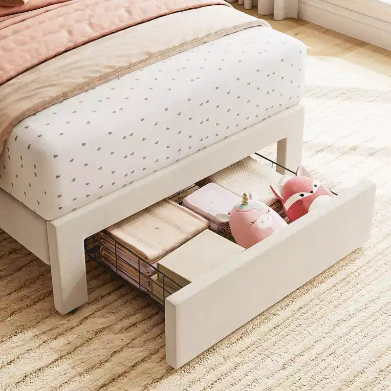 Cadre de lit simple avec tiroir de rangement et tête de lit, lit plateforme simple capitonné en velours pour filles, support robuste en lattes de bois