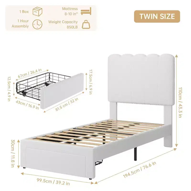 Cadre de lit simple avec tiroir de rangement et tête de lit, lit plateforme simple capitonné en velours pour filles, support robuste en lattes de bois
