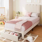 Cadre de lit simple avec tiroir de rangement et tête de lit, lit plateforme simple capitonné en velours pour filles, support robuste en lattes de bois