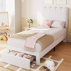 Twin Bed Frame with Storage Drawer and Headboard, Velvet Upholstered Twin Platform Bed Frame for Girls, Strong Wooden Slats Support