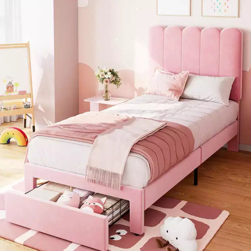 Cadre de lit simple avec tiroir de rangement et tête de lit, lit plateforme simple capitonné en velours pour filles, support robuste en lattes de bois