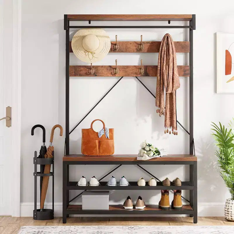 Porte-manteau et banc à chaussures industriels avec étagère de rangement, 8 crochets, barre de suspension – Organisateur d'entrée effet bois – 101,3 x 40 x 183 cm